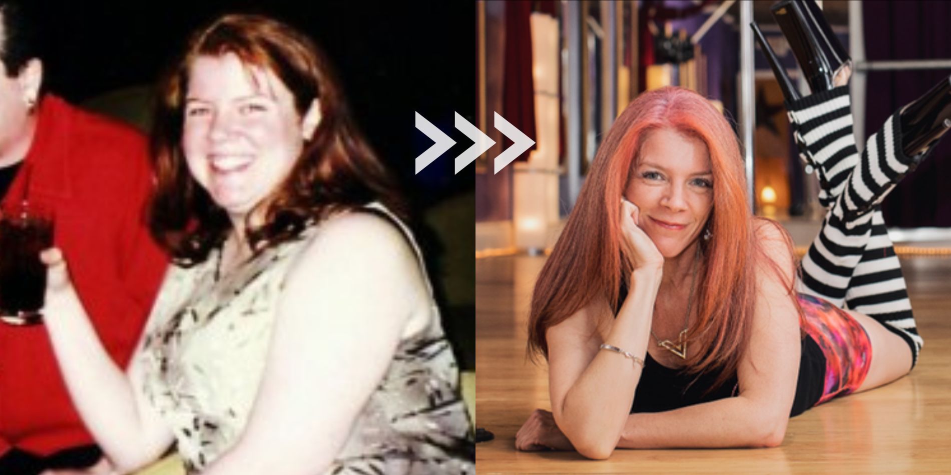 Before and after transformation of Instructor V at Polekittens Studio.
